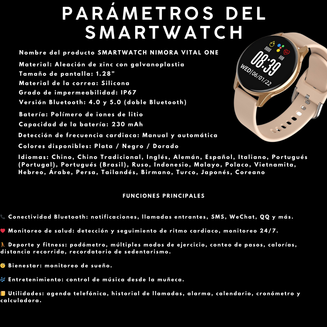 Nimora Vital One – Smartwatch con Monitoreo de Salud y Llamadas Bluetooth ⌚